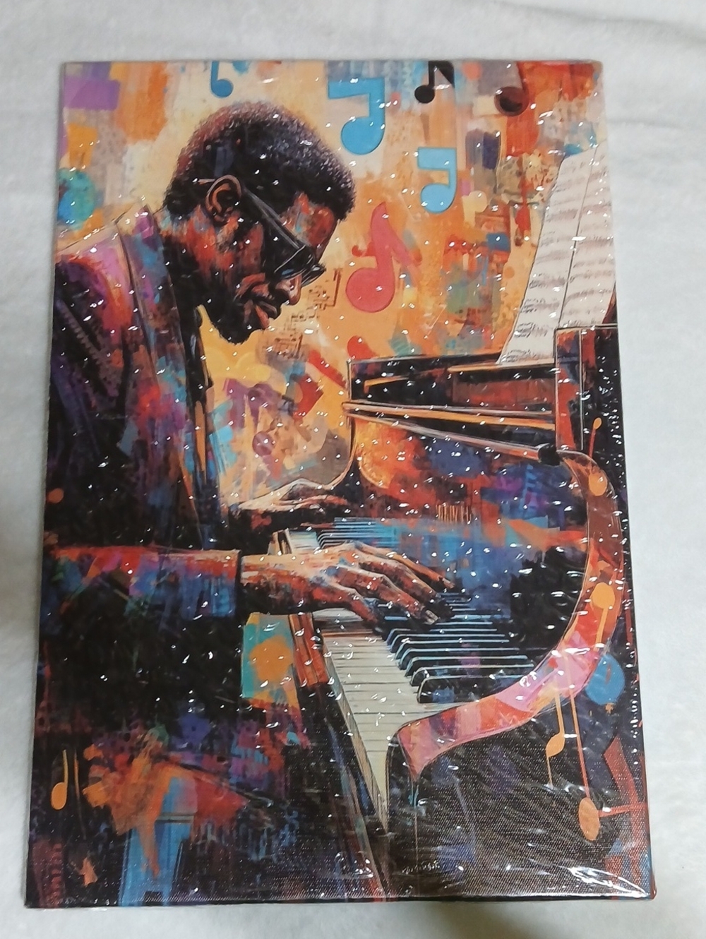 Contemporary Black Jazz Pianist Canvas with Multicolor Accents